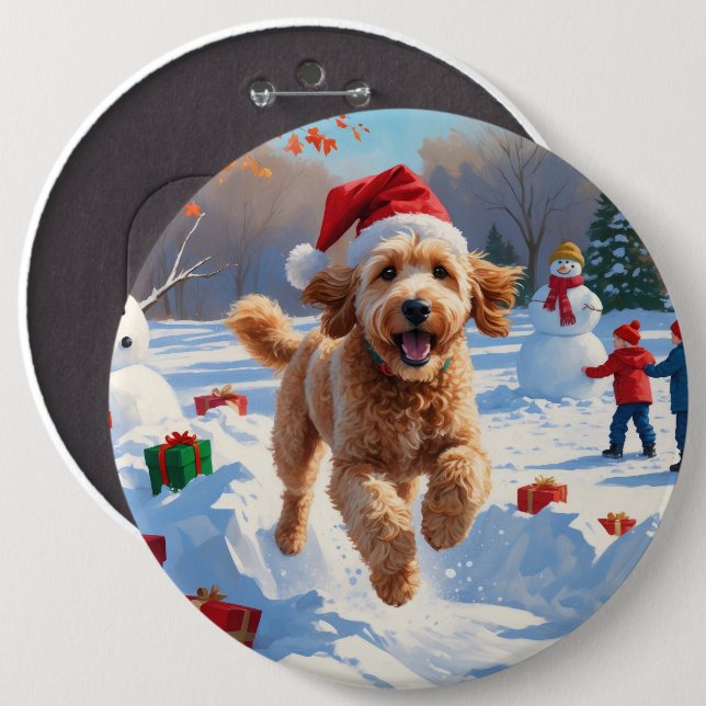 Goldendoodle Running in Snow with Christmas Hat 6 Inch Round Button (Front & Back)