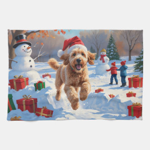 Goldendoodle Running in Snow with Christmas Hat Kitchen Towel