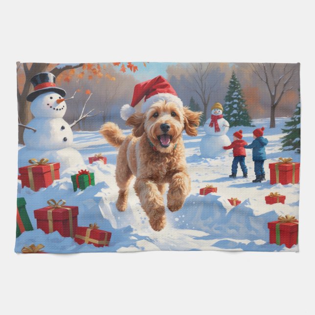 Goldendoodle Running in Snow with Christmas Hat Kitchen Towel (Horizontal)