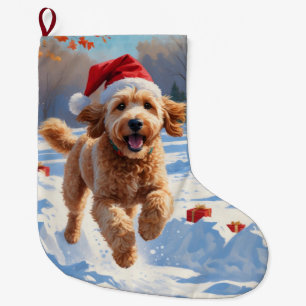 Goldendoodle Running in Snow with Christmas Hat Large Christmas Stocking