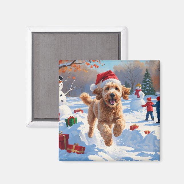Goldendoodle Running in Snow with Christmas Hat Magnet (Front/Back)