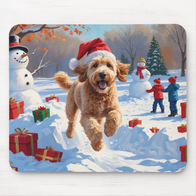 Goldendoodle Running in Snow with Christmas Hat Mouse Pad (Front)