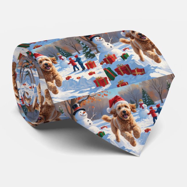 Goldendoodle Running in Snow with Christmas Hat Tie (Rolled)