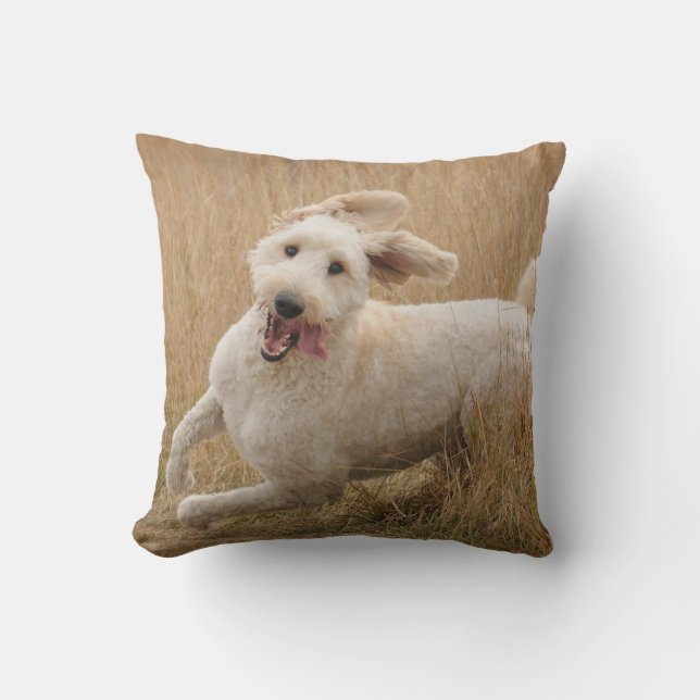 Goldendoodle Runs Through Grass Throw Pillow (Front)
