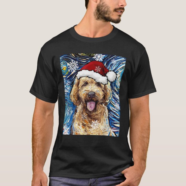 Goldendoodle Santa Starry Night Dog Christmas Art  T-Shirt (Front)