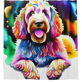 Goldendoodle Shower Curtain "Happy Dog"