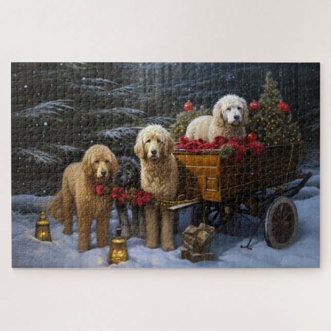 Goldendoodle Snowy Sleigh Christmas Decor Jigsaw Puzzle (Horizontal)