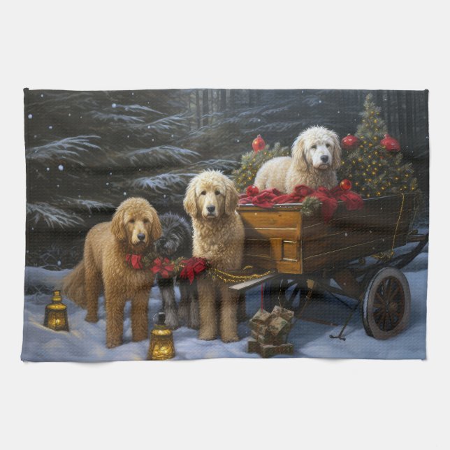 Goldendoodle Snowy Sleigh Christmas Decor   Kitchen Towel (Horizontal)