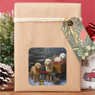 Goldendoodle Snowy Sleigh Christmas Decor   Square Sticker