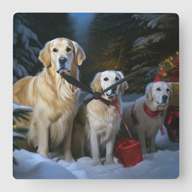 Goldendoodle Snowy Sleigh Christmas Decor Square Wall Clock (Front)