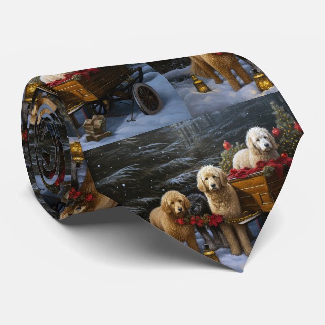 Goldendoodle Snowy Sleigh Christmas Decor   Tie (Rolled)