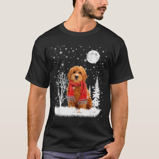 Goldendoodle Under Moonlight Snow Christmas Pajama T-Shirt (Front)