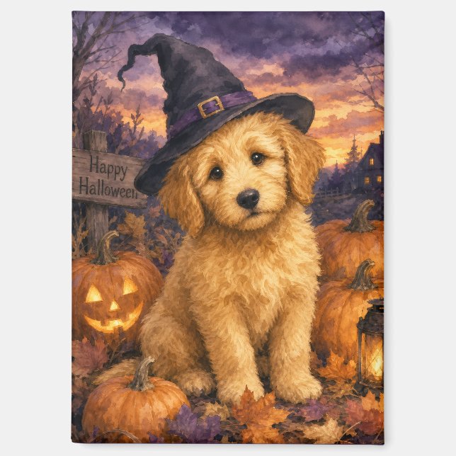 Goldendoodle Witch Hat Pumpkin Magnet (Front)