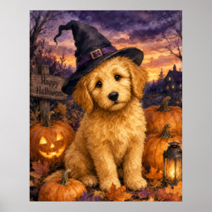 Goldendoodle Witch Hat Pumpkin Poster