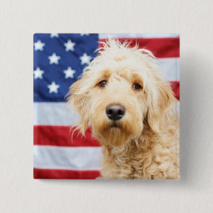 Goldendoodle With American Flag 2 Inch Square Button
