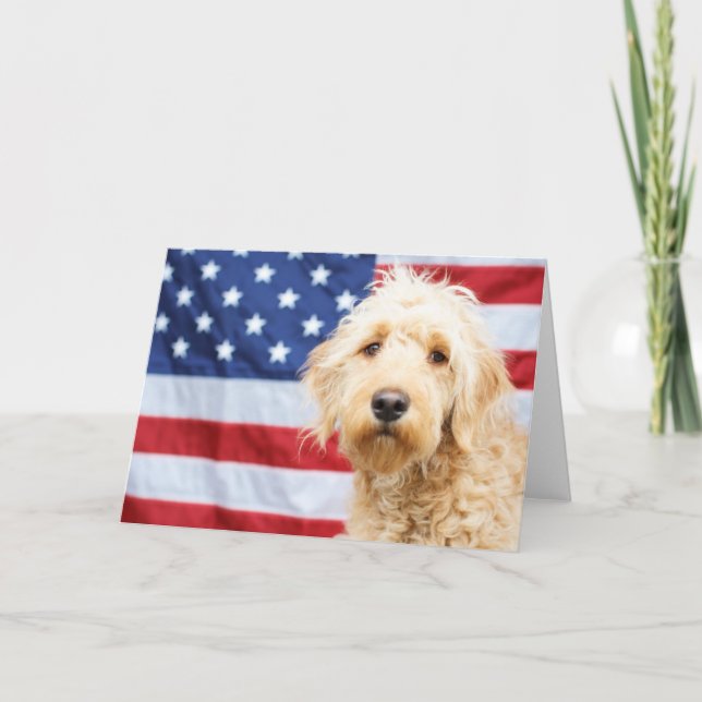 Goldendoodle With American Flag Card (Front)