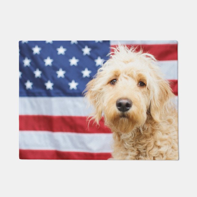 Goldendoodle With American Flag Doormat (Front)