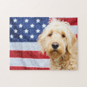 Goldendoodle With American Flag Jigsaw Puzzle