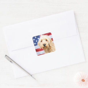Goldendoodle With American Flag Square Sticker
