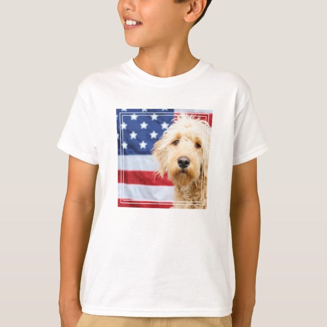 Goldendoodle With American Flag T-Shirt (Front)