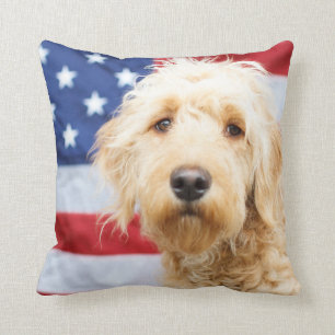 Goldendoodle With American Flag Throw Pillow