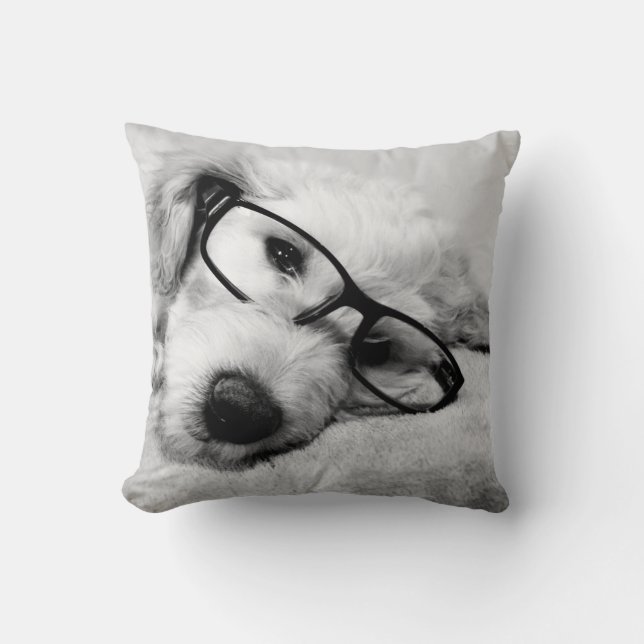 Goldendoodle With Glasses Throw Pillow (Front)