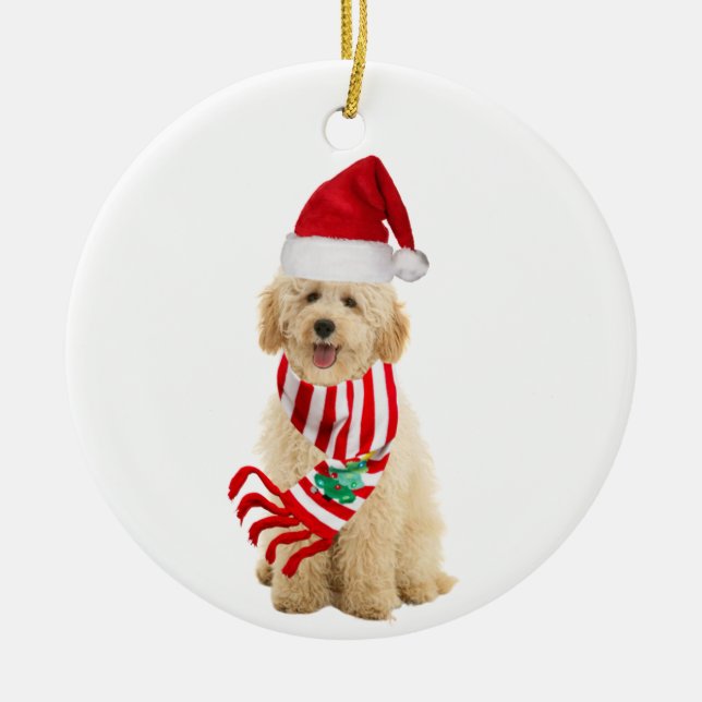 Goldendoodle With Hat Scaft Christmas Ceramic Ornament (Front)