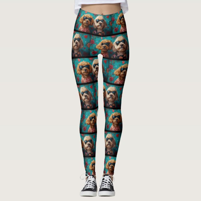 Goldendoodle With Heart Roses Valentine's Day Leggings (Front)
