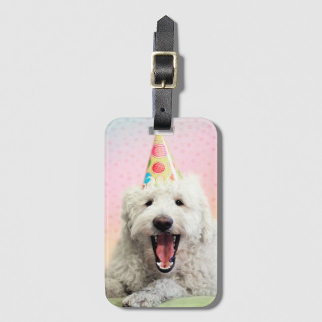 Goldendoodle With Party Hat Luggage Tag (Front Vertical)