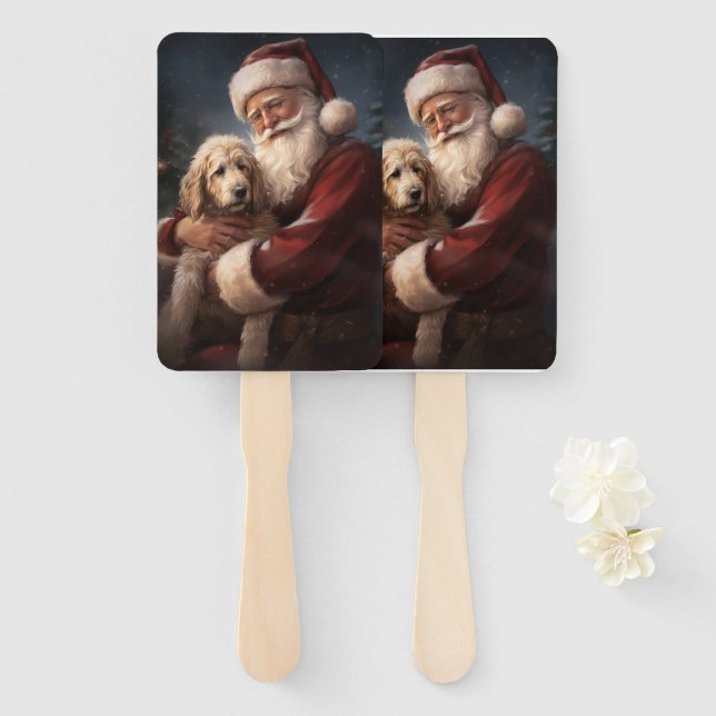 Goldendoodle With Santa Claus Festive Christmas Hand Fan (Front and Back)