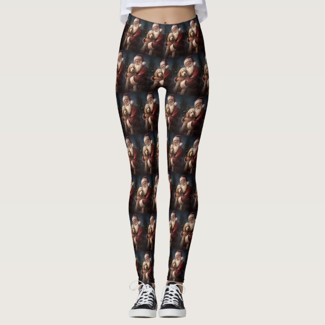 Goldendoodle With Santa Claus Festive Christmas Leggings (Front)