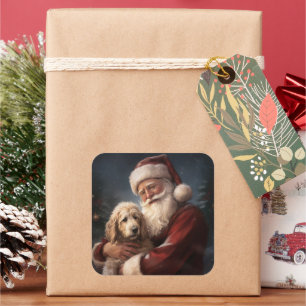 Goldendoodle With Santa Claus Festive Christmas Square Sticker