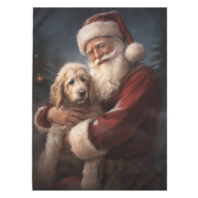 Goldendoodle With Santa Claus Festive Christmas Tablecloth (Front)
