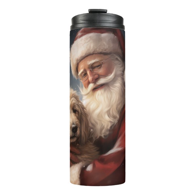 Goldendoodle With Santa Claus Festive Christmas Thermal Tumbler (Front)