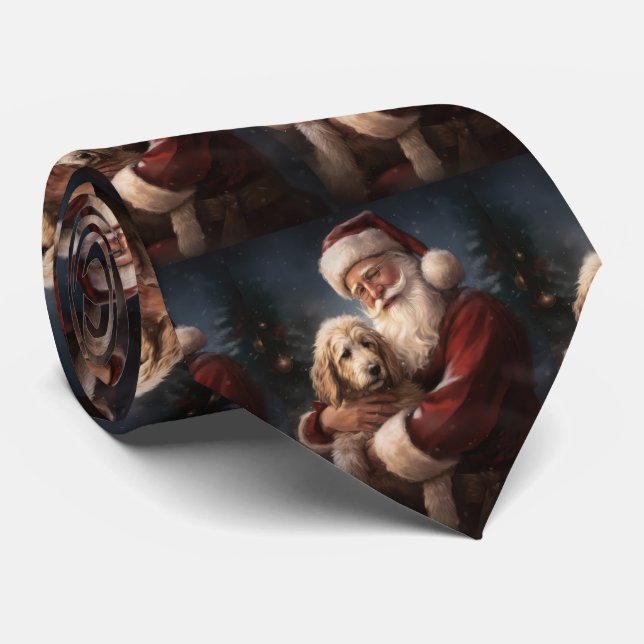 Goldendoodle With Santa Claus Festive Christmas Tie (Rolled)