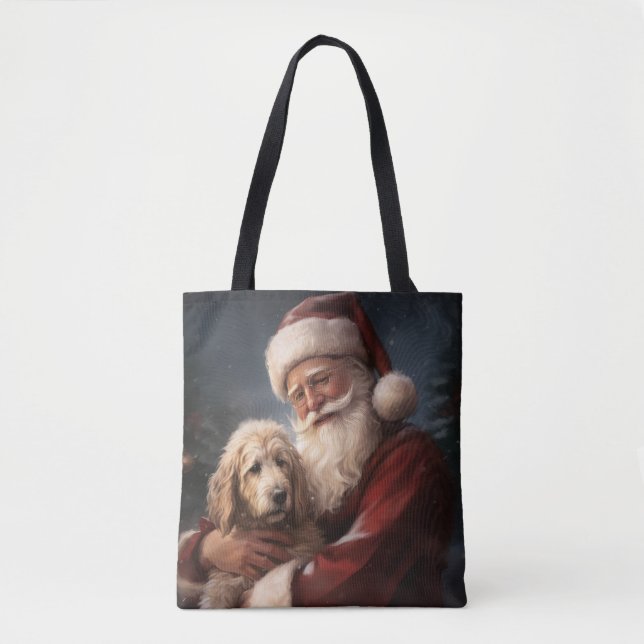 Goldendoodle With Santa Claus Festive Christmas Tote Bag (Front)