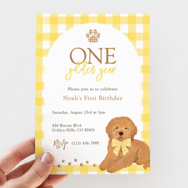 Goldendoodle Yellow Gingham First Birthday Invitation (Creator Uploaded)