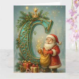 Goldenes Initial C mit Weihnachtsmann und Krone Card
