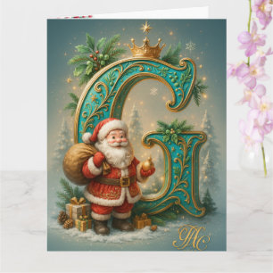 Goldenes Initial G mit Weihnachtsmann und Krone Card