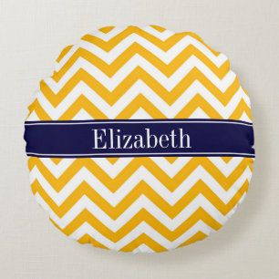 Goldenrod White LG Chevron Navy Blue Name Monogram Round Pillow