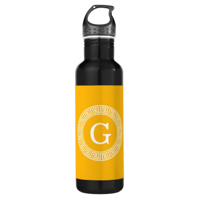 Goldenrod Wht Greek Key Rnd Frame Initial Monogram 710 Ml Water Bottle (Front)