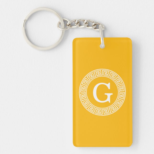 Goldenrod Wht Greek Key Rnd Frame Initial Monogram Keychain (Front)