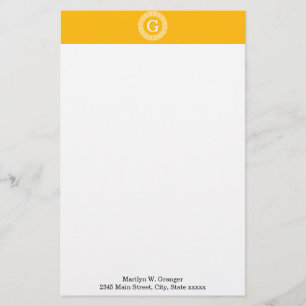 Goldenrod Wht Greek Key Rnd Frame Initial Monogram Stationery