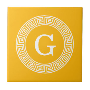 Goldenrod Wht Greek Key Rnd Frame Initial Monogram Tile