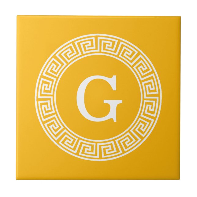 Goldenrod Wht Greek Key Rnd Frame Initial Monogram Tile (Front)
