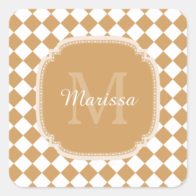 Goldenrod Yellow Chequered Monogram With Name Square Sticker (Front)