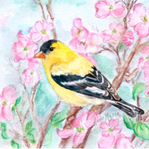 Goldfinch and Dogwood Flowers Throw Pillow