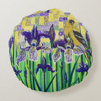 Goldfinch and Irises  Round Pillow