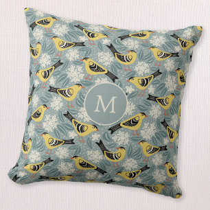 Goldfinch and Rhododendron Bird Flower Monogram Throw Pillow