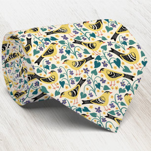 Goldfinch and Wood Violet Bird Flower Tie